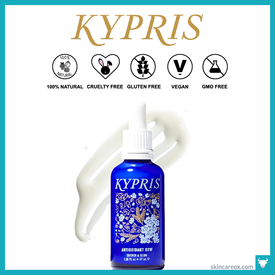 Picture of Kypris Antioxidant Dew with 100% Natural, Cruelty Free, Gluten Free, GMO Free, and Vegan badges. 
