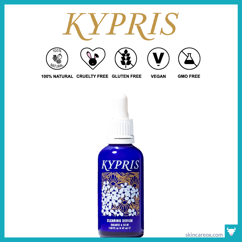 Picture of Kypris Organic Clearing Serum Full-Sized Bottle with 100% Natural, Cruelty Free, Gluten Free, Vegan, and GMO Free badges