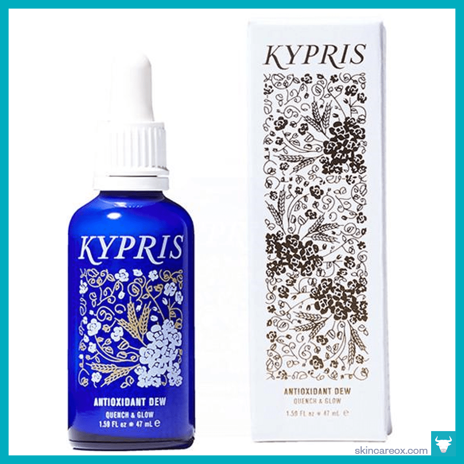 Picture of Kypris Antioxidant Dew bottle next to its white & gold container box