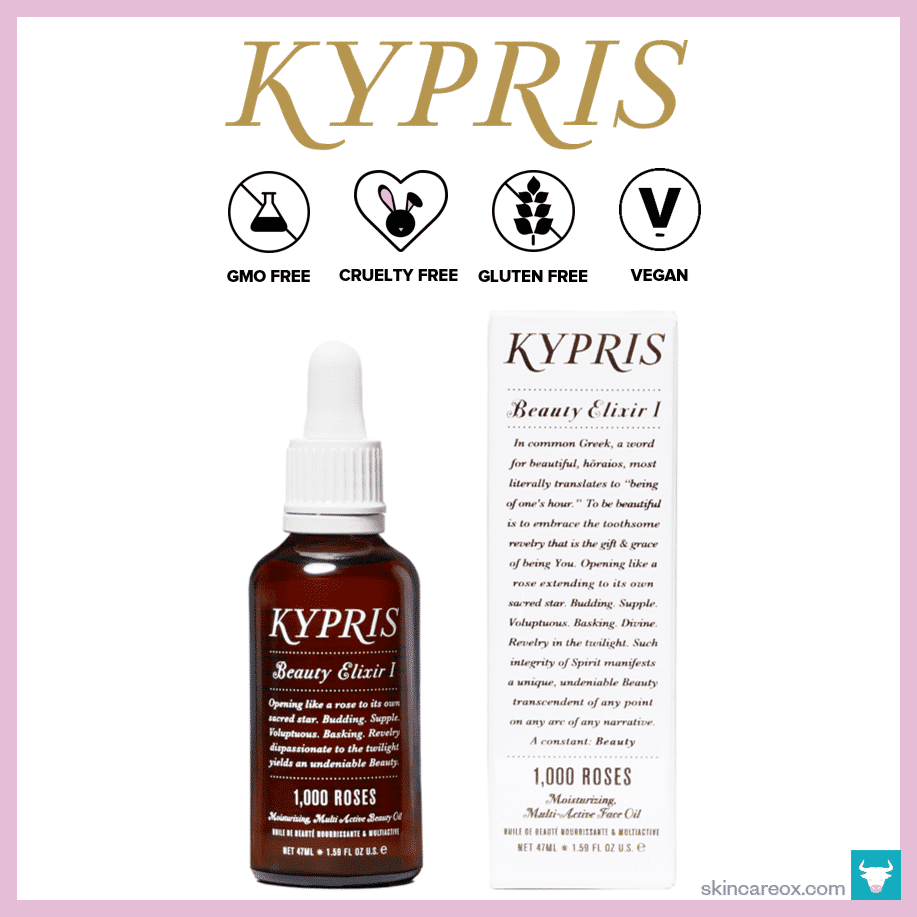 Picture of Kypris Beauty Elixir 1 1,000 Roses with GMO Free, Cruelty Free, Gluten Free, and Vegan badges.