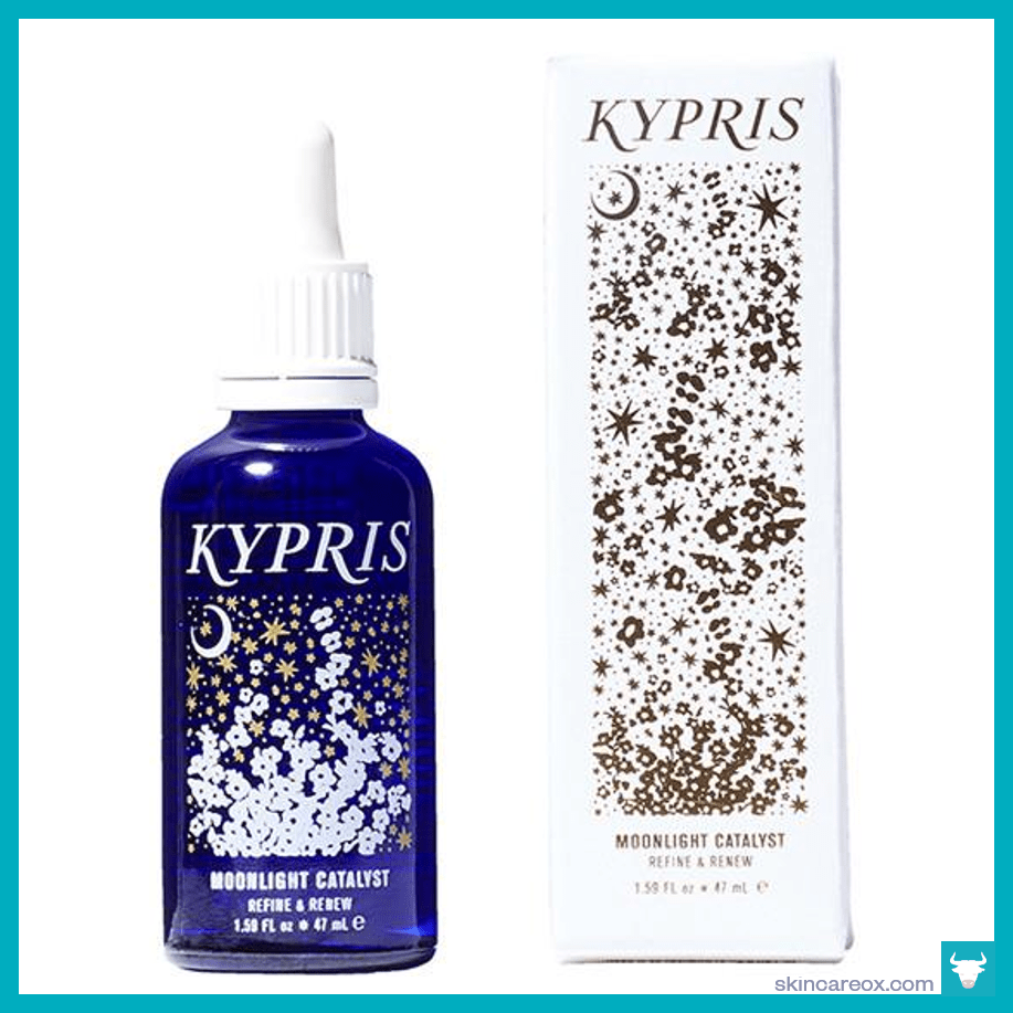 Picture of Kypris Moonlight Catalyst Serum full-sized blue glass bottle with white & gold packaging.